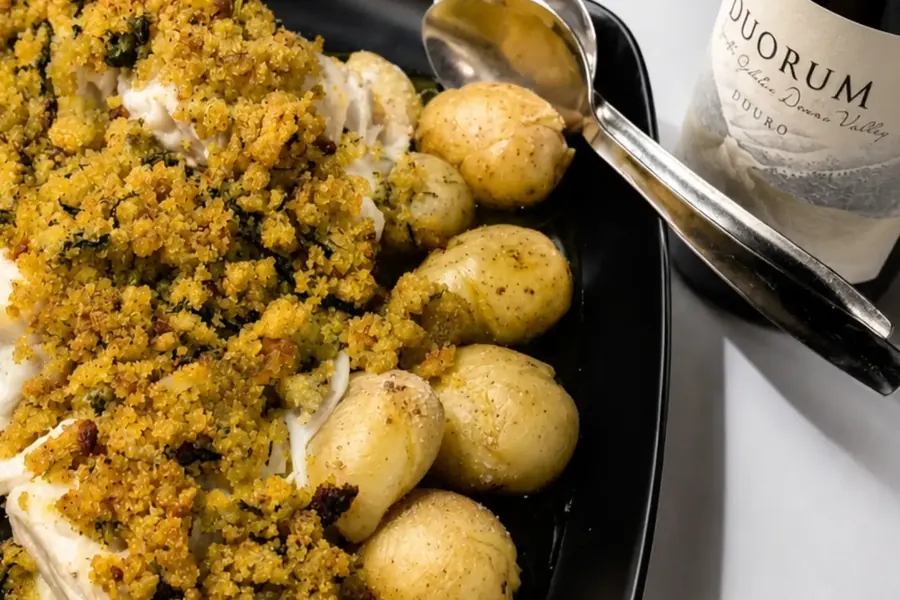 Bacalhau com crosta de broa, batatinhas e uma garrafa de vinho do Douro
