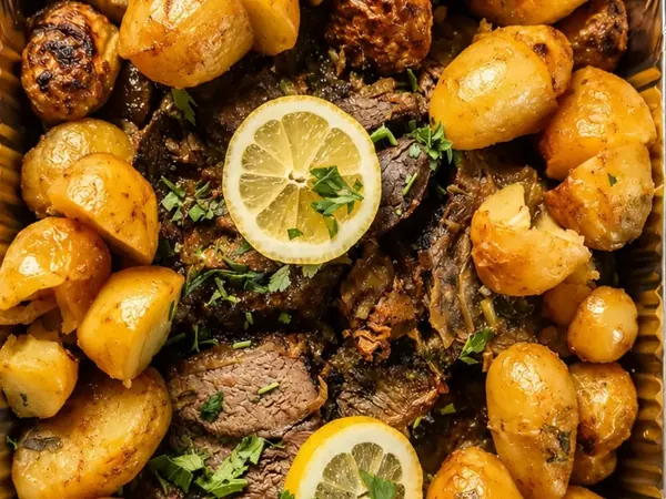 Carne assada com batatinhas assadas, limão e salsa